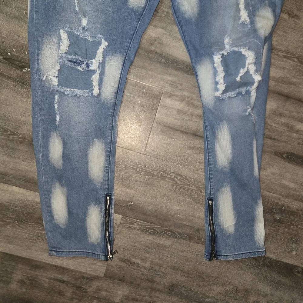HENGAO Mens Destroyed Ripped Straight‎ Fit Jeans 1161 LIGHT BLUE SIZE 48